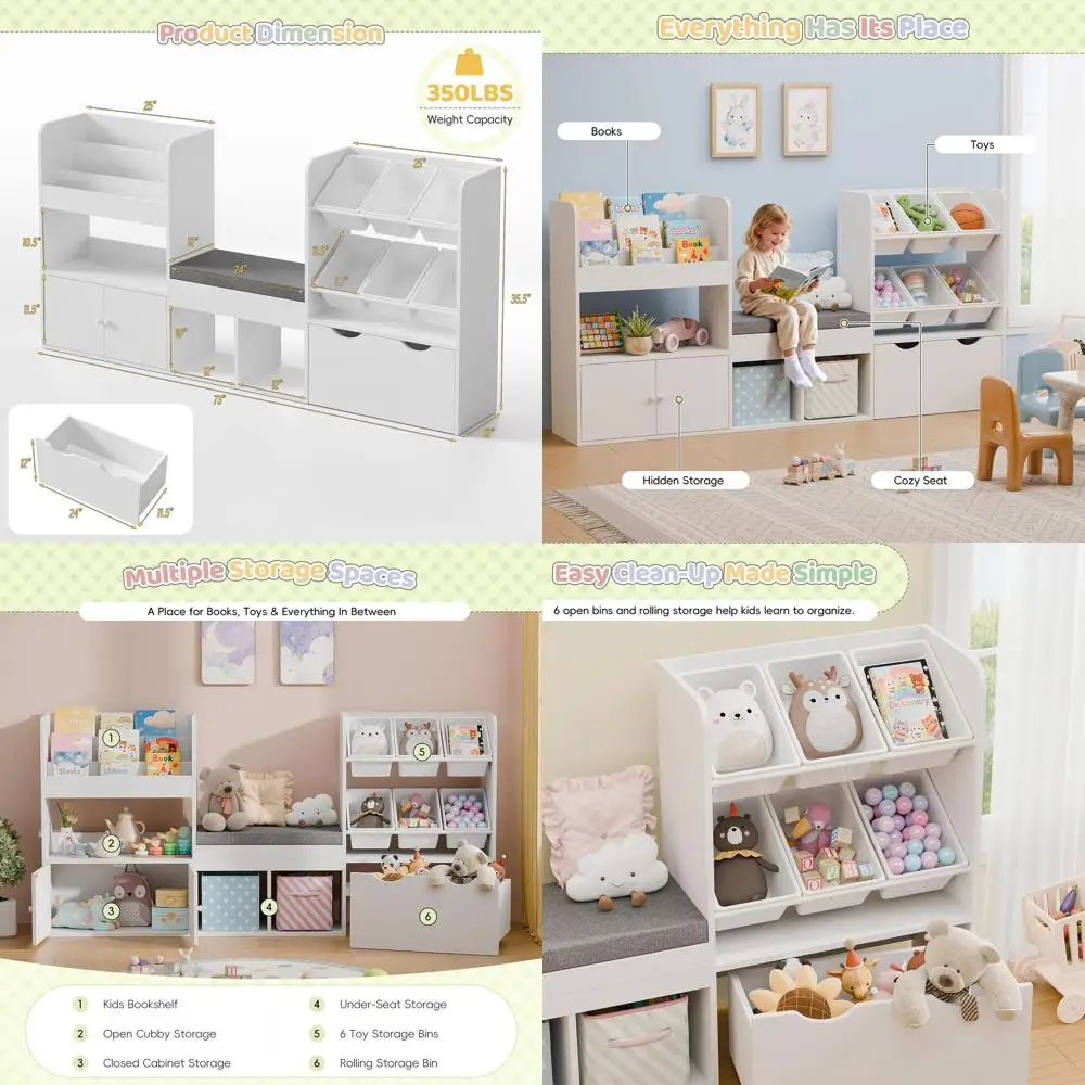 

Детская книжная полка с зоной для чтения и местом для хранения, органайзер для игрушек 73 в 1 с выдвижным ящиком и 6 съемными контейнерами для игровой комнаты (W