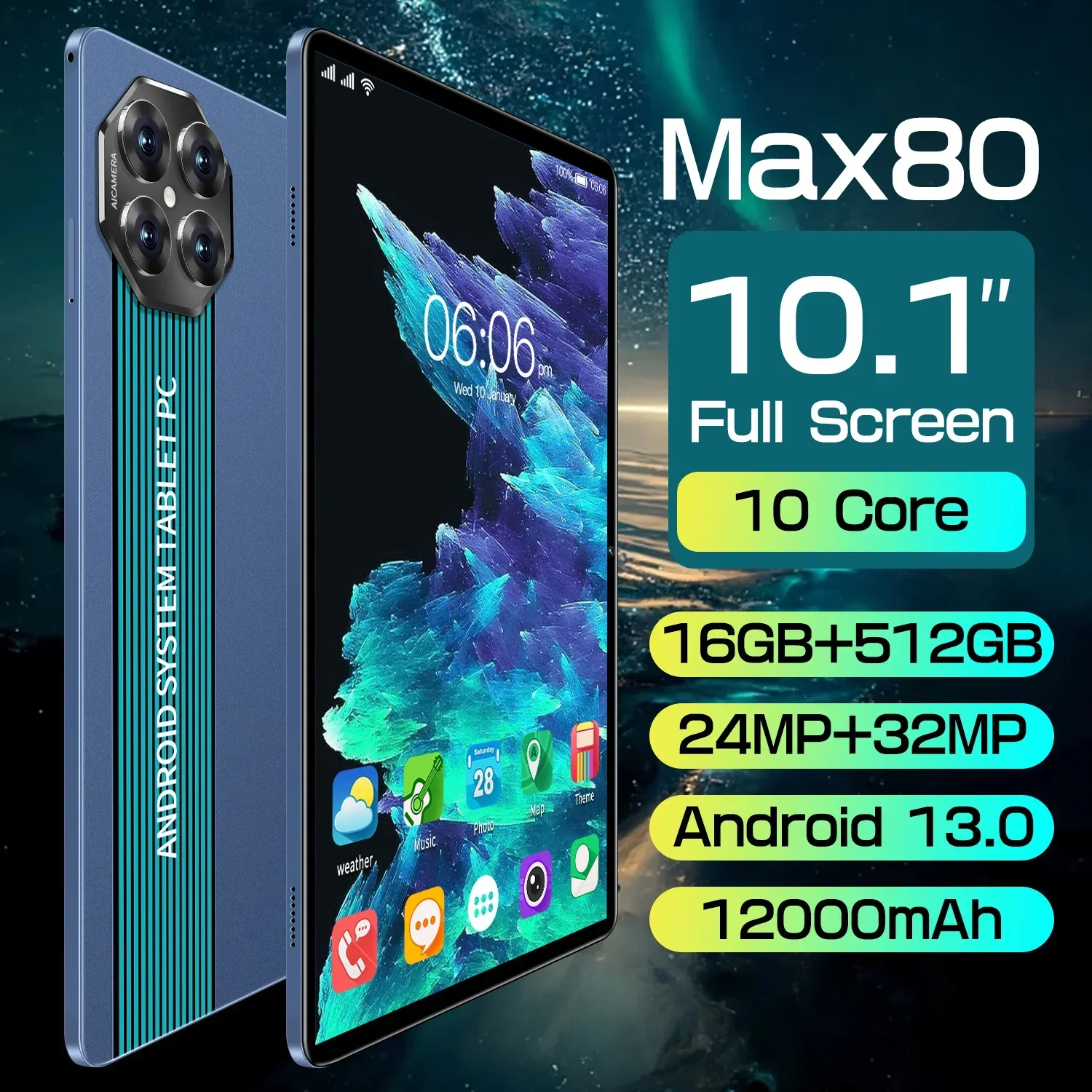 

MAX80 Android 13 Tablet: 10.1-inch HD Screen, GPS, Dual SIM Dual Standby, 16GB+12000mAh, Dual Cameras