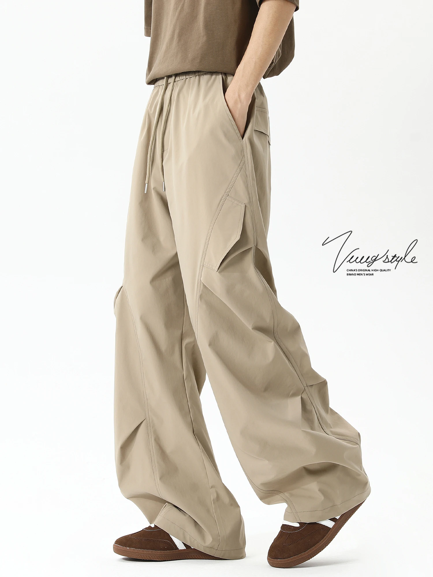 

Мужские плиссированные брюки цвета хаки в американском стиле, весна-лето-осень, повседневные свободные драпированные брюки, модные брендовые молодежные модные брюки