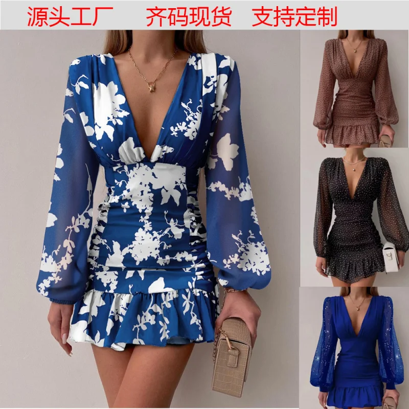 

2025 New European and American Style Waist Print Elegant Pullover Chiffon Midi Dress