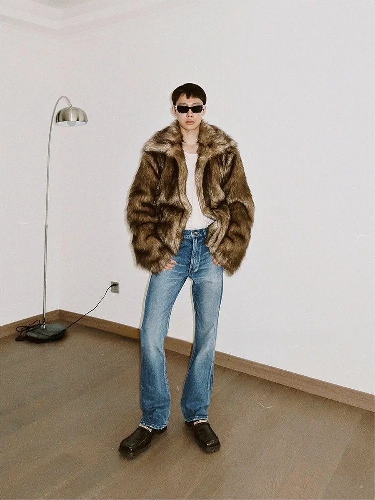 Men's Faux Fox Fur Thickened Coat Short Winter Plush Warm Furry Jacket Luxury Hip Hop Trendy Cold-Resistant Outwear Overcoat view 3