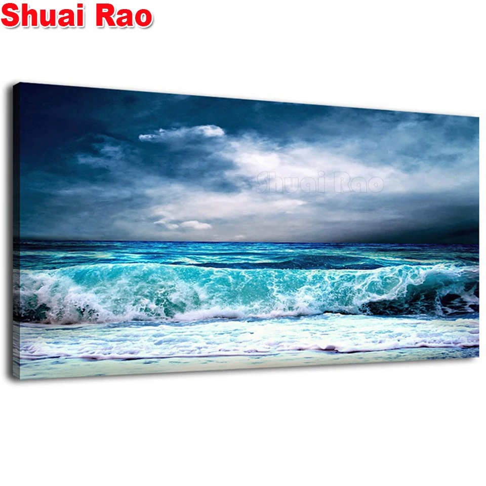 

Big Size Full Square Round Mosaic Diamond Embroidery Ocean Aqua Waves Picture Stormy Weather Blue Sky 5D DIY Diamond Painting