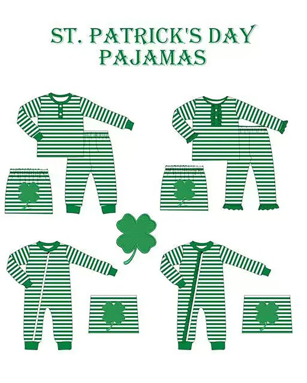 The stylish new St. Parker Collection Boys and girls collection pajama sets with green stripes and lucky four-leaf clovers