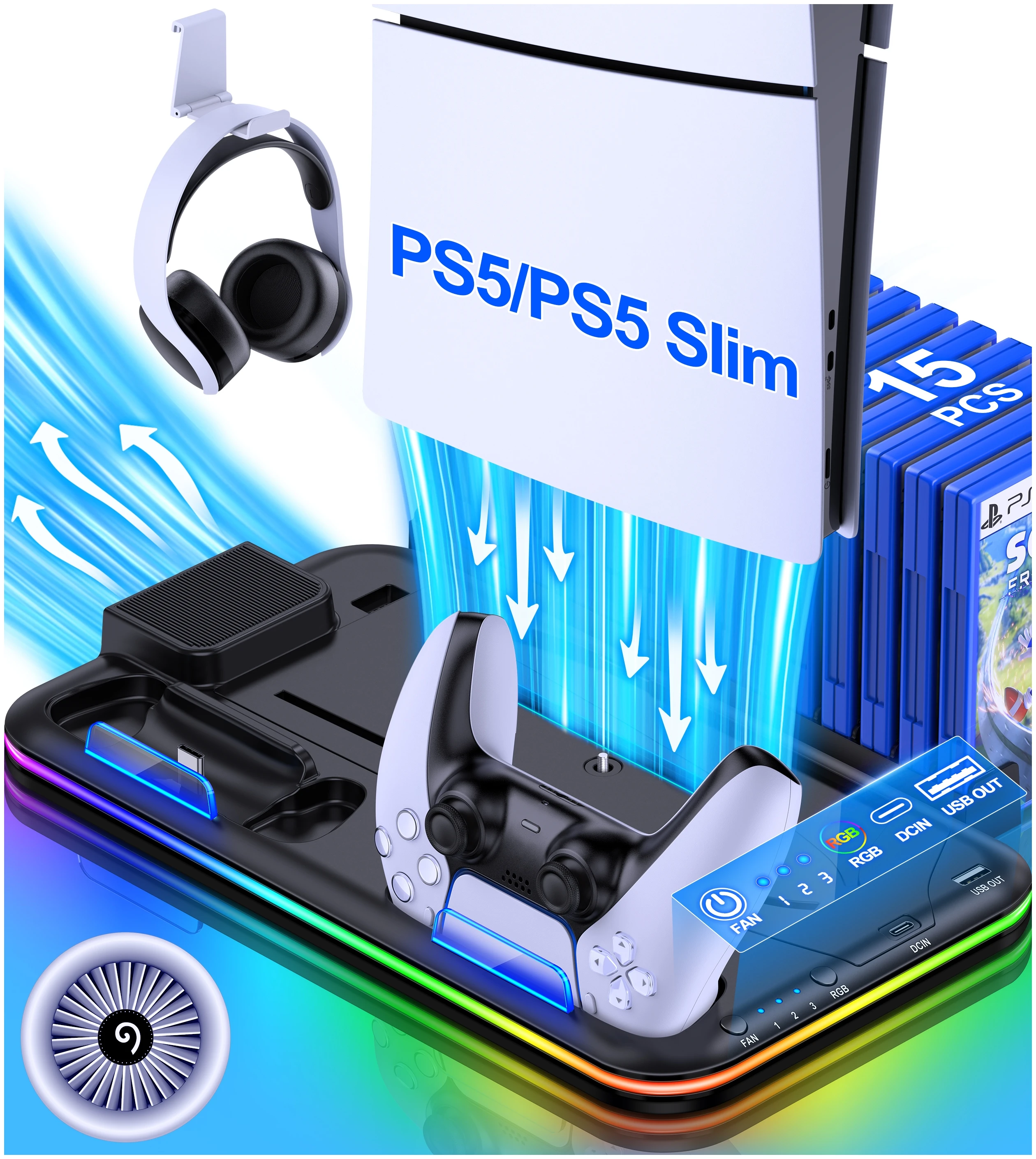 Gamecontroller-oplader met ventilatorstandaard voor PS5 Slim, koelstandaard met LED-koelventilator, dockstation voor Sony PlayStation5 accessoire