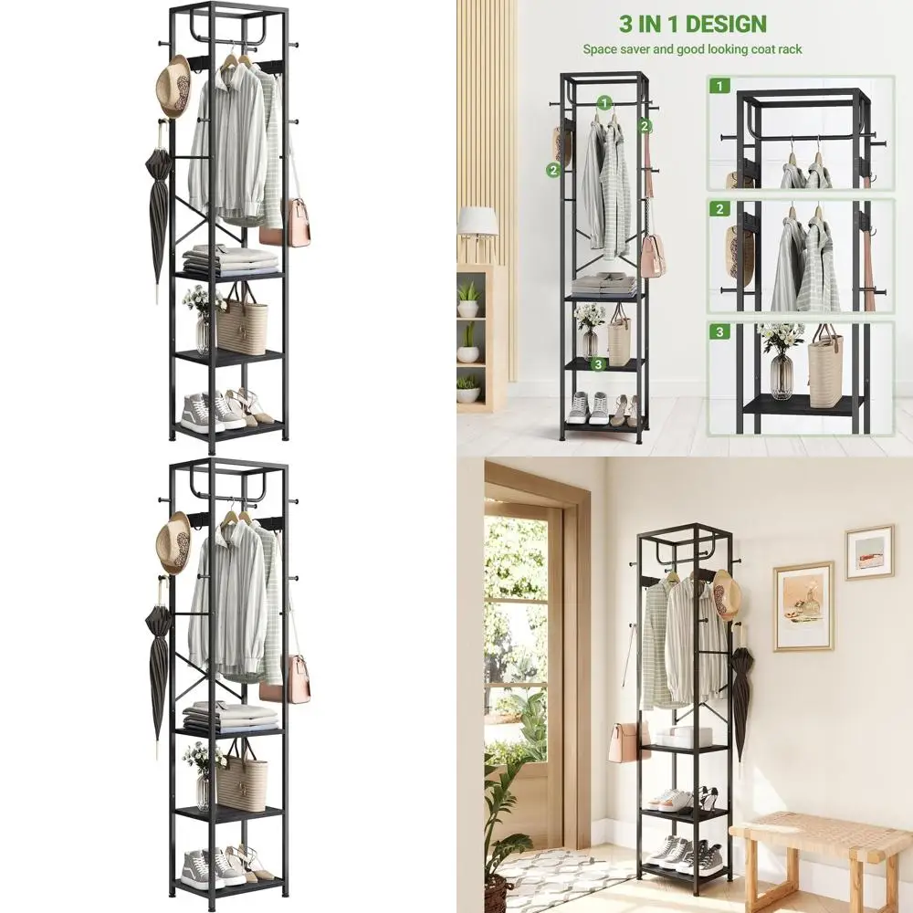 

Metal Coat Rack with 3 Shelves and 12 Hooks, Organizer for Hallway, Bedroom, Entryway, Office, Living Room, Black
