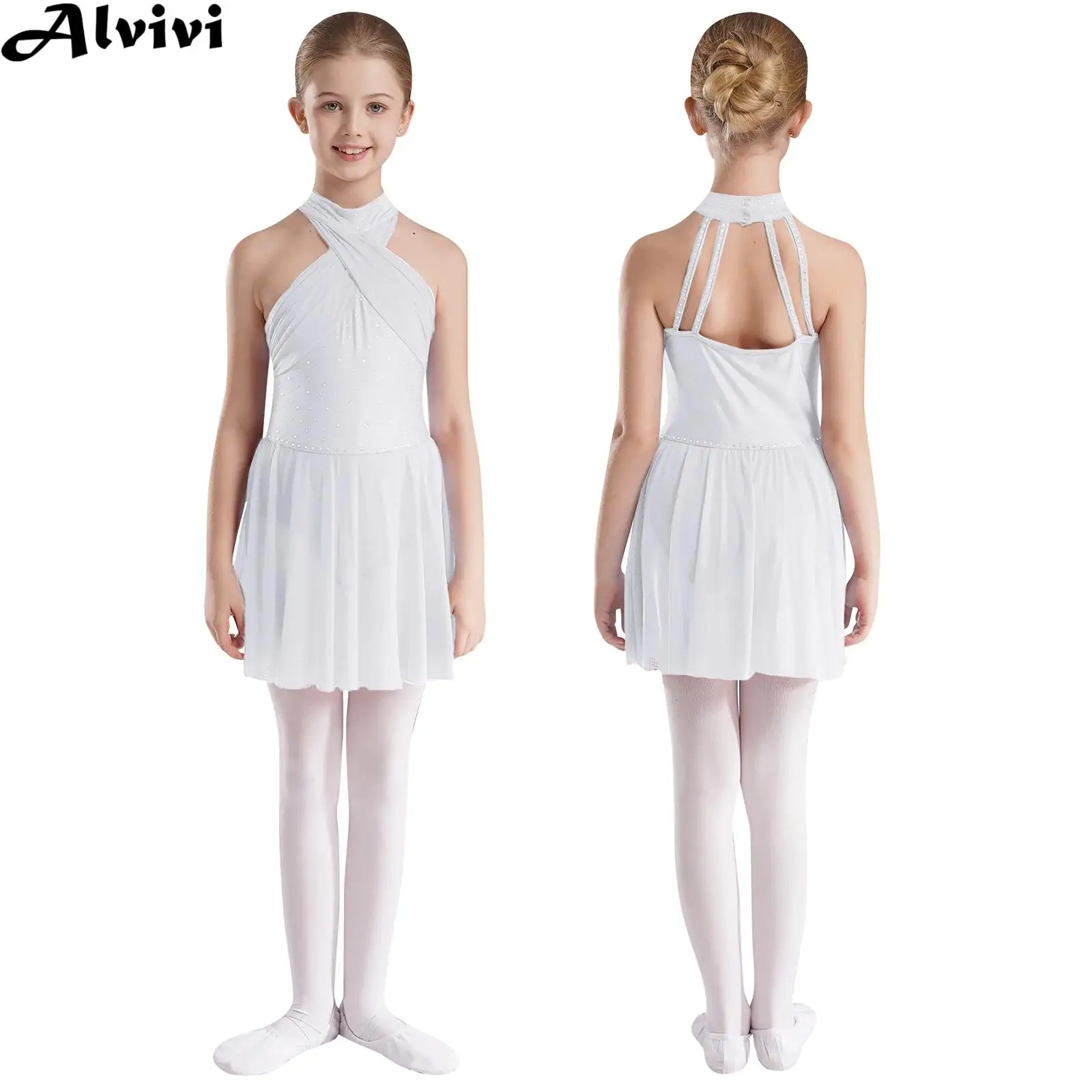 

Children Girls Figure Skating Modern Lyrical Dance Rhythmic Gymnastics Ballet Leotard Dress Rhinestone Mesh Performance Costume