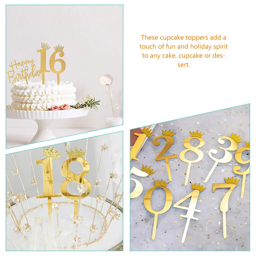 

10Pcs Acrylic Number Cupcake Toppers 0-9 Crown Cake Picks Birthday Party Celebration Anniversary Photo Props Dessert Decorations