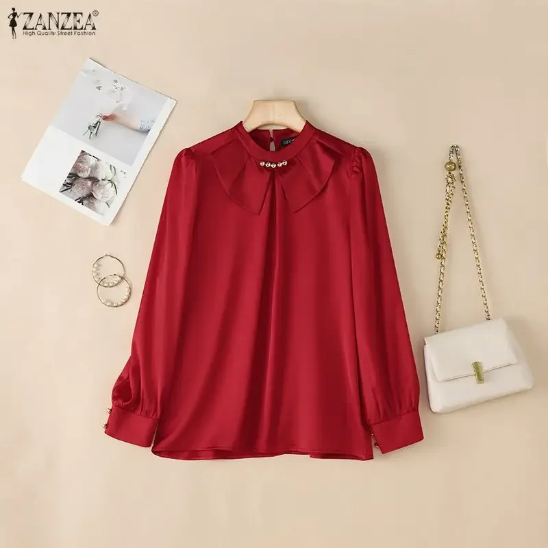 

Женские элегантные блузки из атласного шелка для вечеринок, с воротником-стойкой, длинными пышными рукавами, однотонные топы ZANZEA 2026 Весна, стильные блузы для женщин