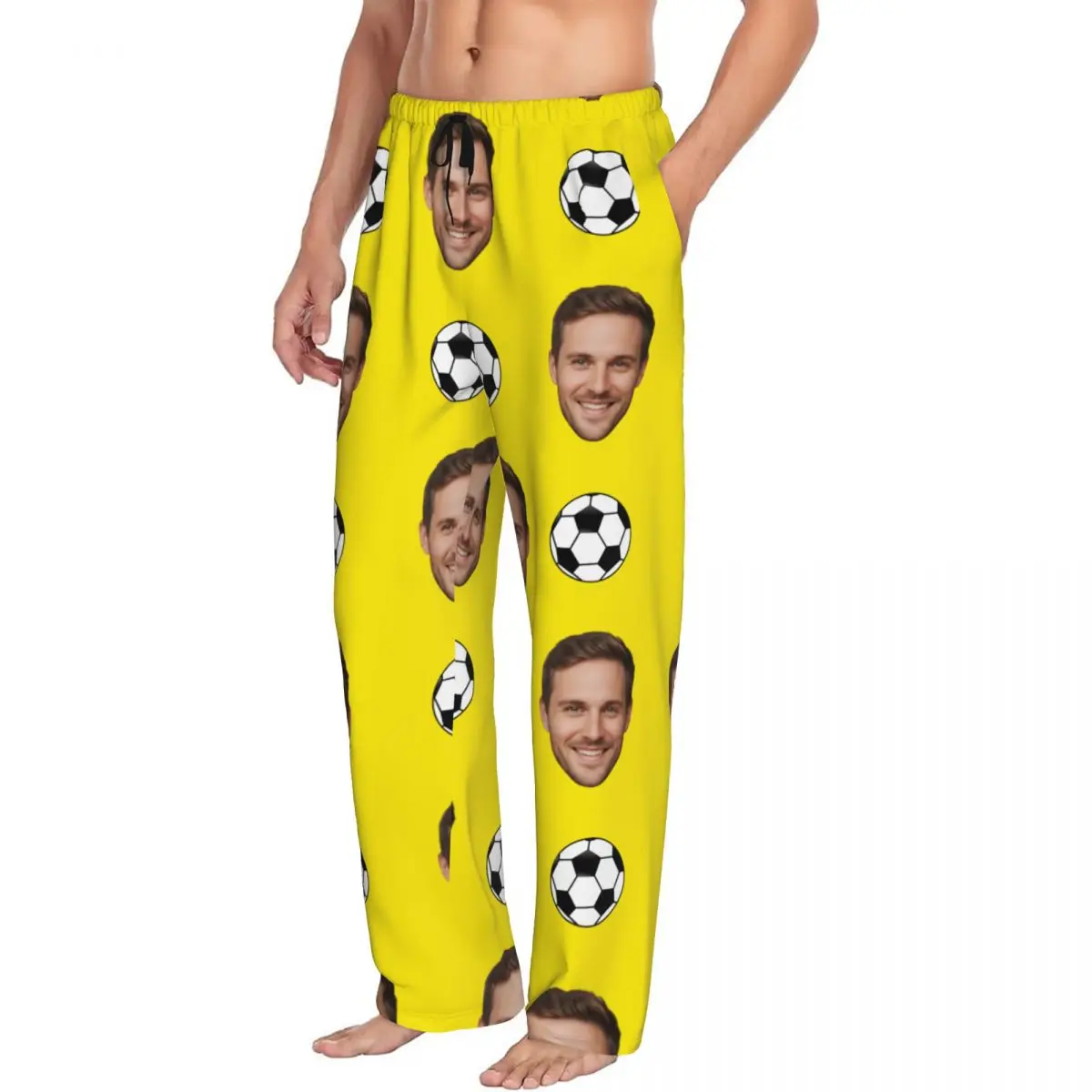Celana Piyama Kustom Motif Wajah Sepak Bola untuk Pria Desain Foto Personal Celana Tidur Santai Bahan Stretch dengan Kantong