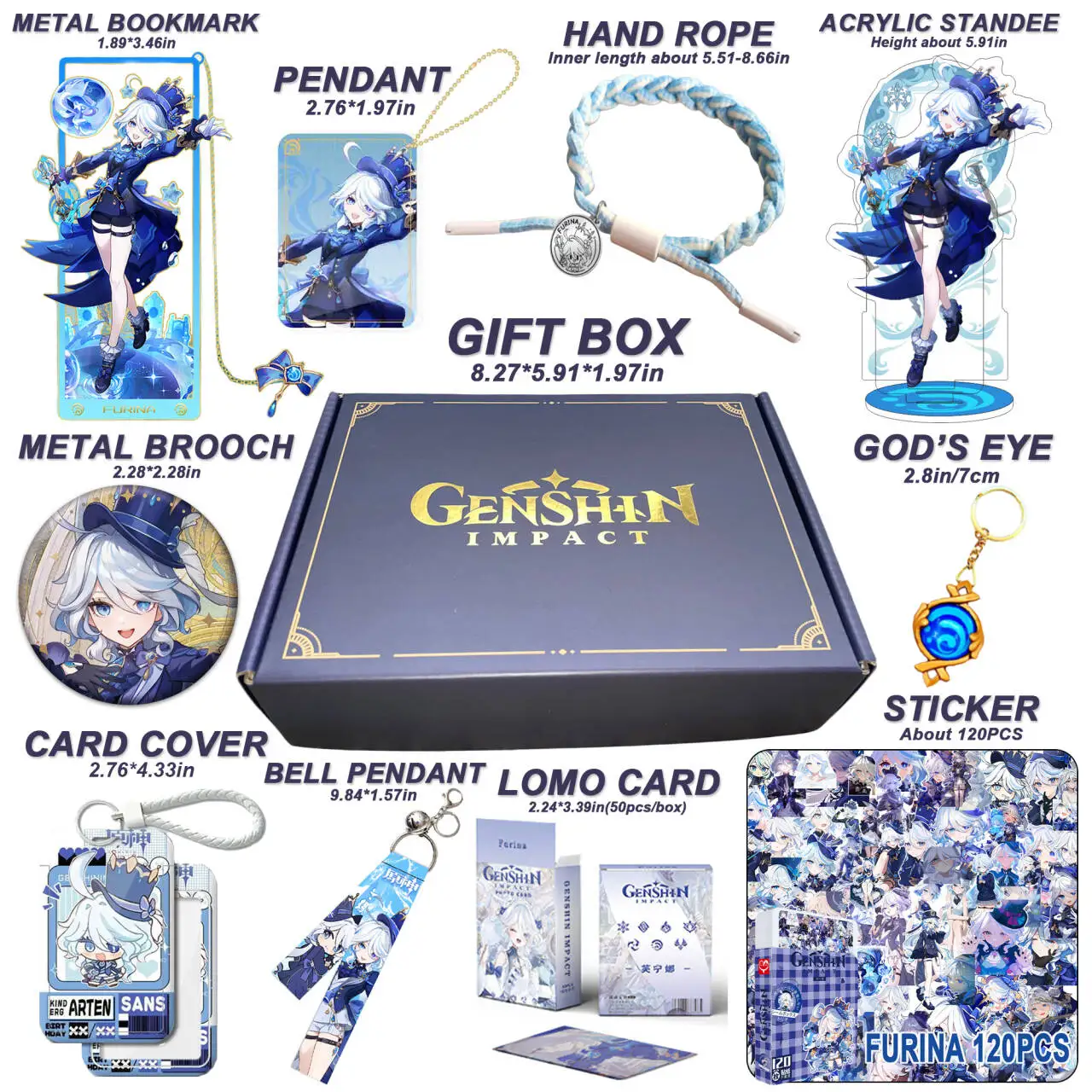 Genshin Impact Fontaine Furina Gift Set Box Include Keychain Xiao Ganyu Hutao Kazuha Klee Neuvillette Wriothesley Wanderer