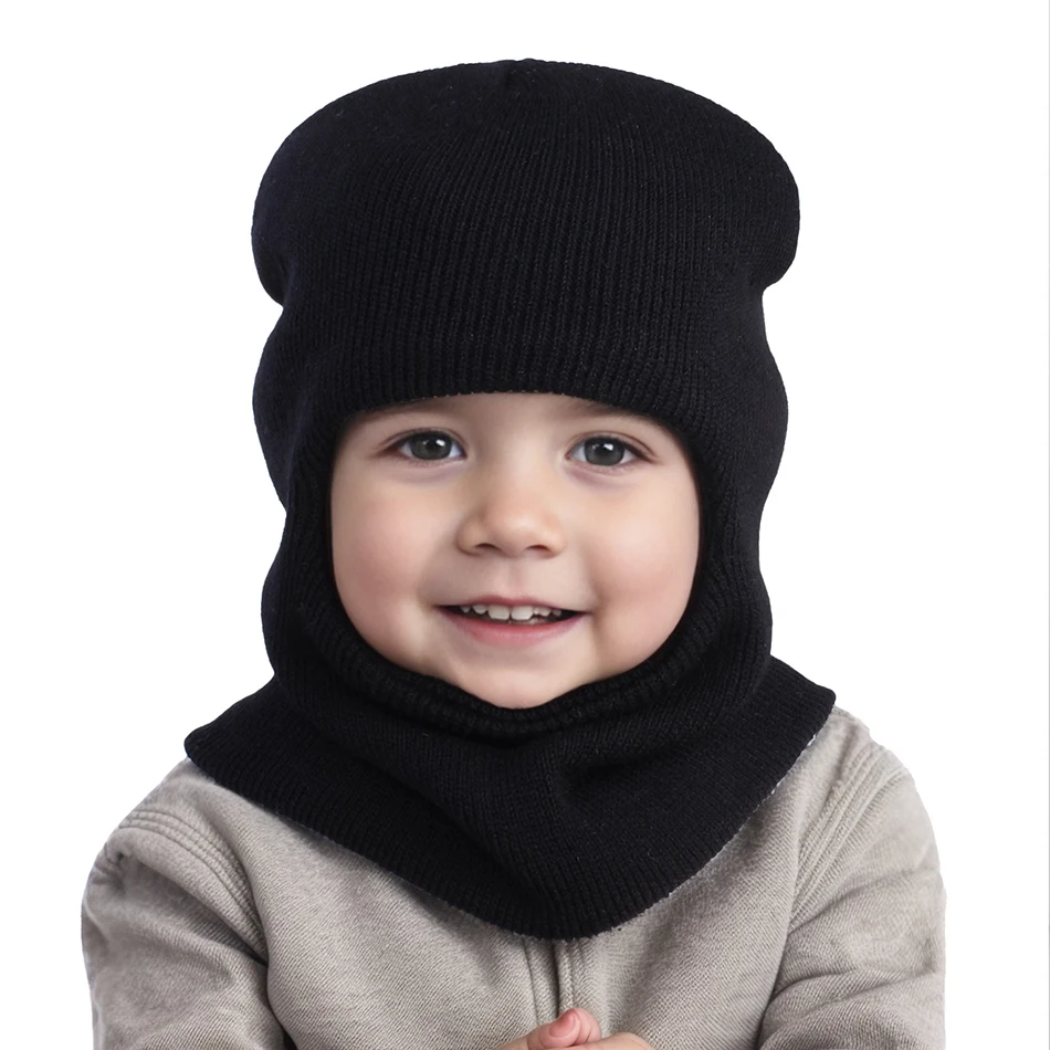 Kids Winter Balaclava Hat Scarf Integrated Baby Warm Knit Beanie Cap Ear Protection Children Single Layer Neck Warmer Hood