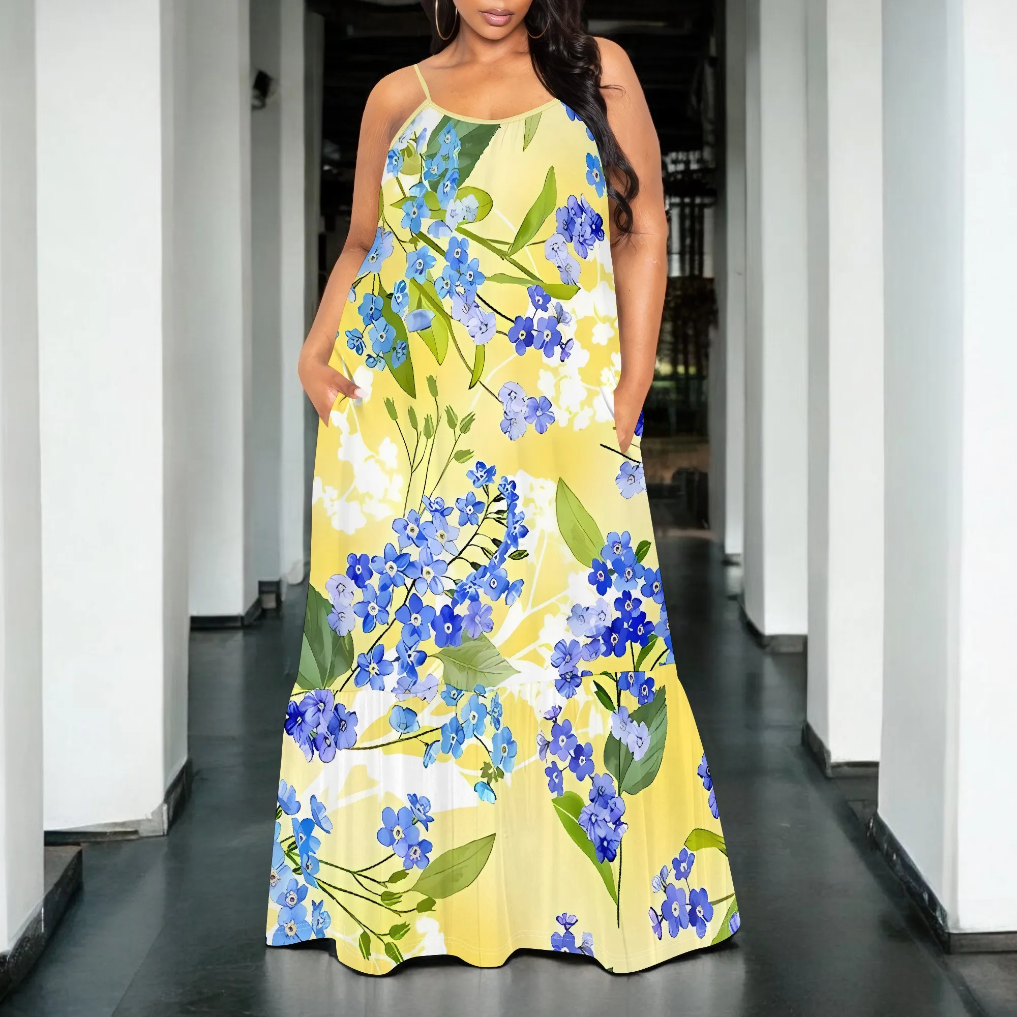 Nupusa ブルー花柄ドレス女性のための標準サイズ夏カジュアルスパゲッティストラップマキシドレス