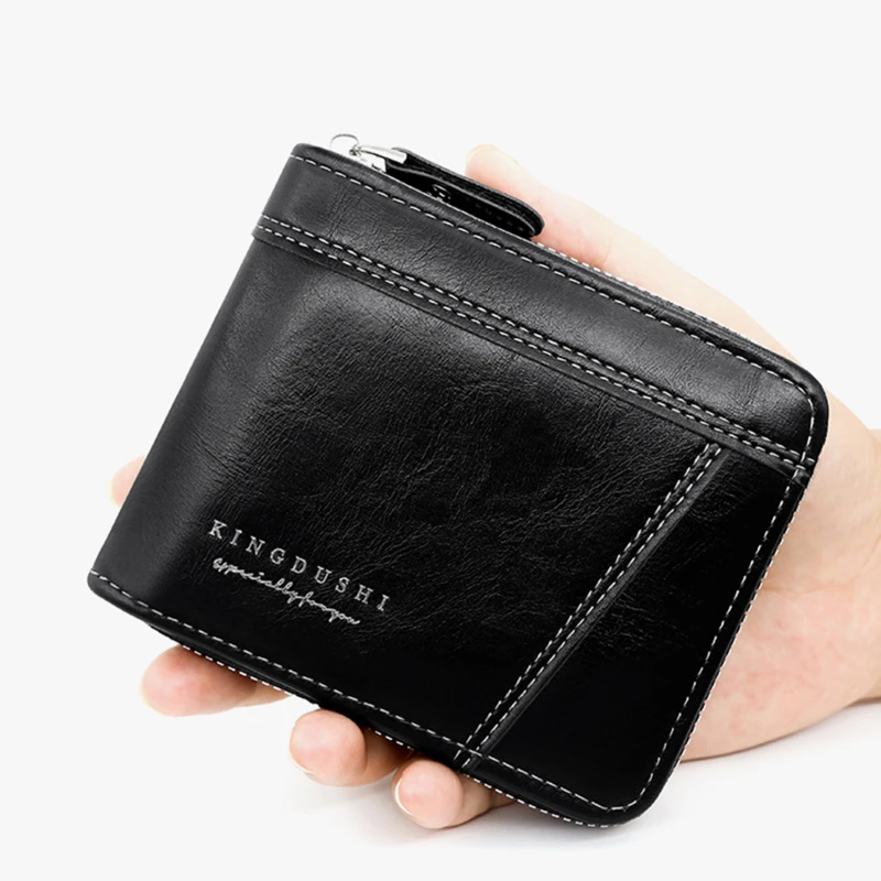 Men's Large Capacity Wallet Short Portable Multi Card Hinge Zipper Wallet Multi-function Durable PU Leather Wallet