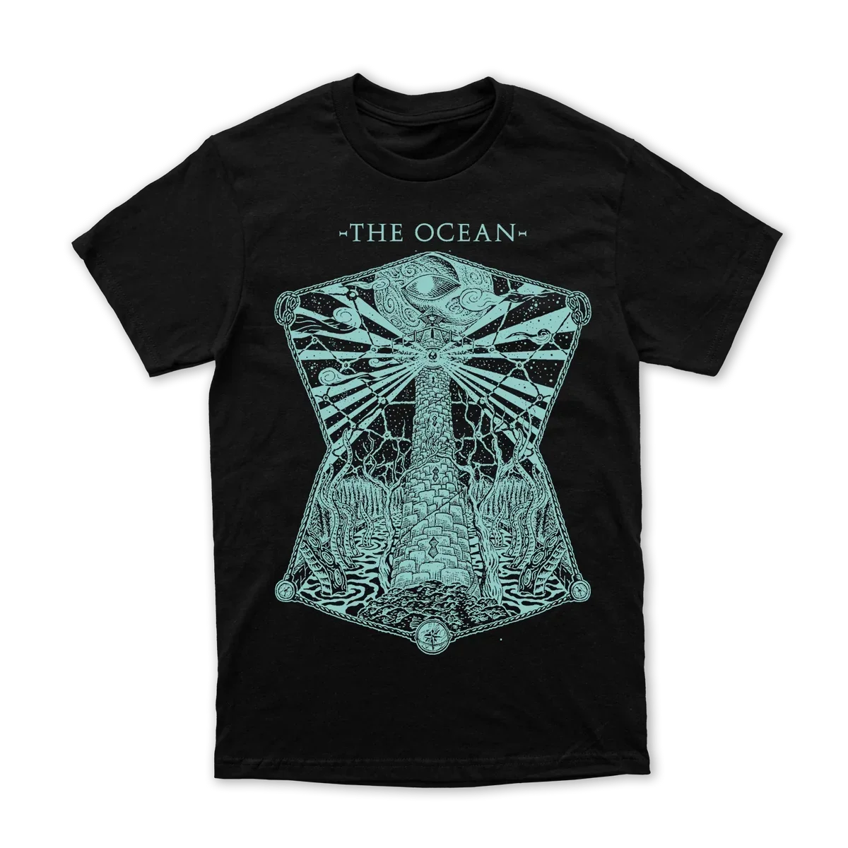 The Ocean Deep Sea Fantasy Themed Print T Shirt, Stylized Hourglass Frame Tower Sea Monster and Band Logo Text