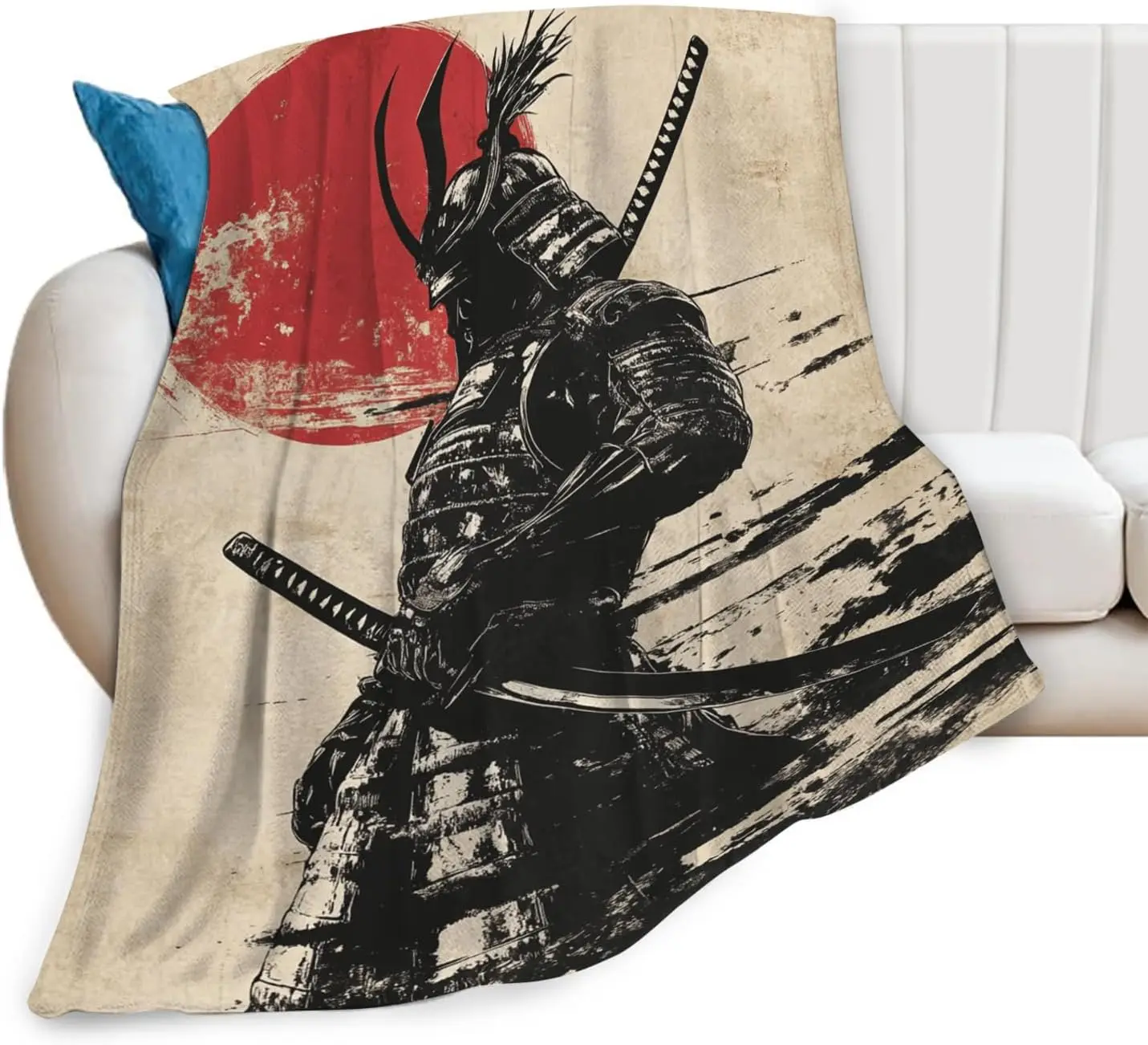 Japanese Ink Style Armored Samurai Katana Retro Beige Background Art Pattern Soft Blanket  Bed Couch Travel Indoor Outdoor Use