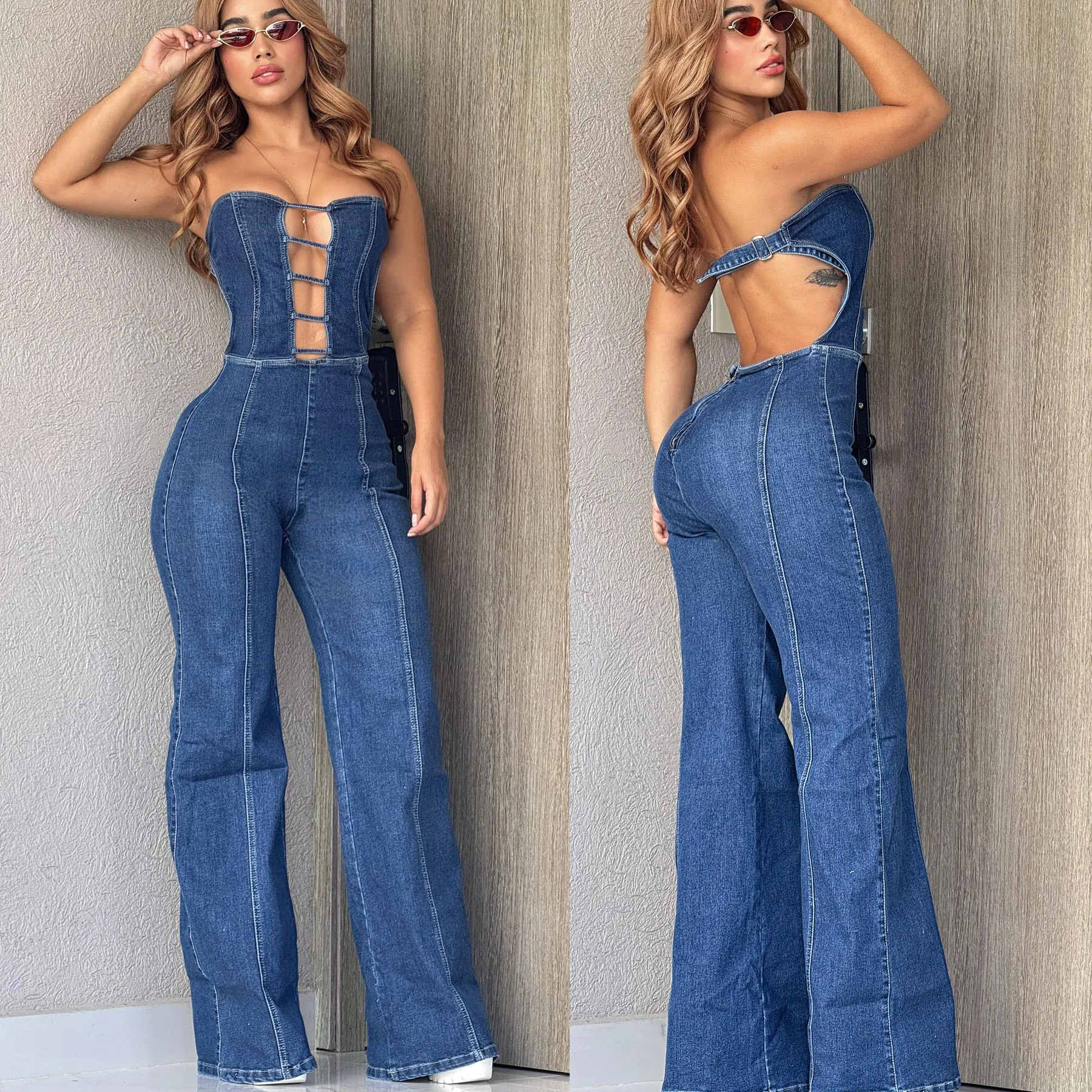 

Sexy Wipe Chest and Backless and Slimming Denim Jumpsuits. 2025 New Summer Fashion Straight-leg Wide-leg Jumpsuits for Women