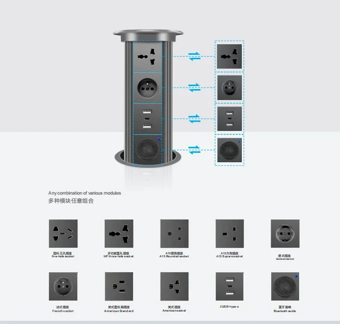 Water Proof Motorized Pop Up Smart Lifting Socket Usb Support Blue Tooth Speaker Wireless Charging Plug Socket For Smart Home