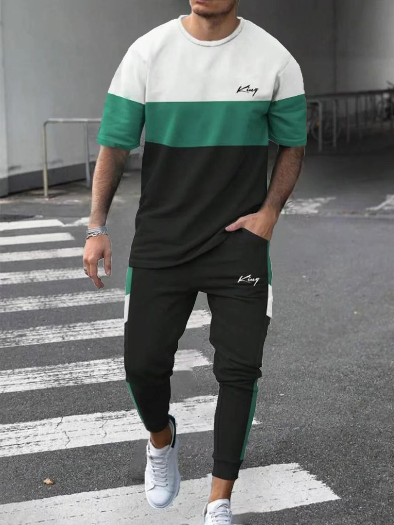 

Men's Summer Autumn Striped Letter Print Sports T-Shirt with Elastic Waist Joggers Gym Two Piece Set Casual Streetwear Outfit