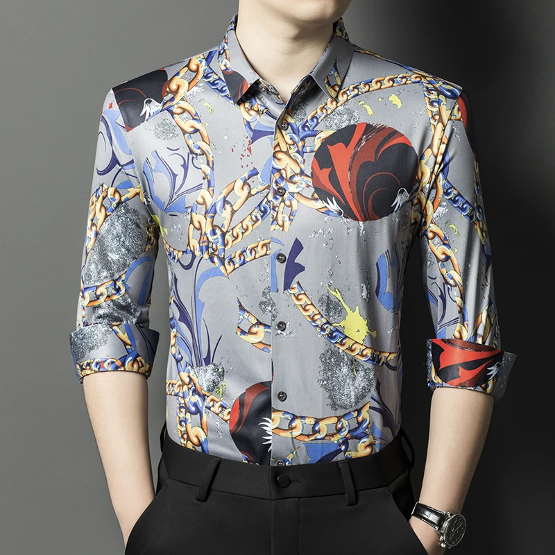 Silky Breathable Print Shirts For Men Long Sleeve Casual Coolness Summer Polyester Elastane Anti-Wrinkle Lapel Camisas De Hombre