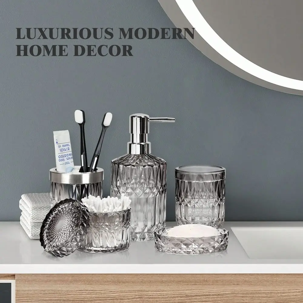 

DiamondCut Glass Bathroom Accessories Set, Includes Soap Dispenser, Soap Dish, Toothbrush Holder, Tumbler Cotton Swab Jars, Mod
