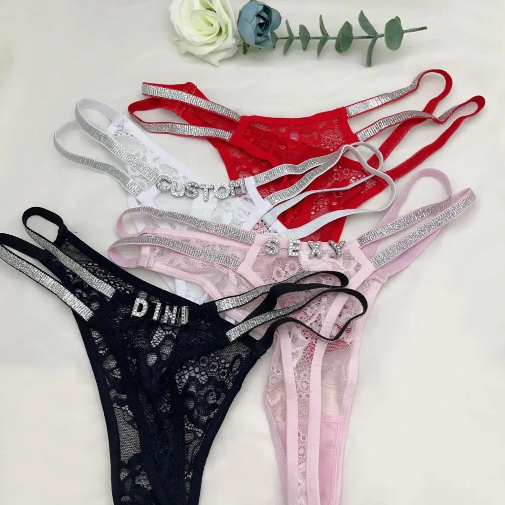 Calcinha Tanga com Nome Personalizado para Mulheres, Cordas Personalizadas, Lingerie Sexy, Roupa Interior para Hotwife, Tanga para Meninas