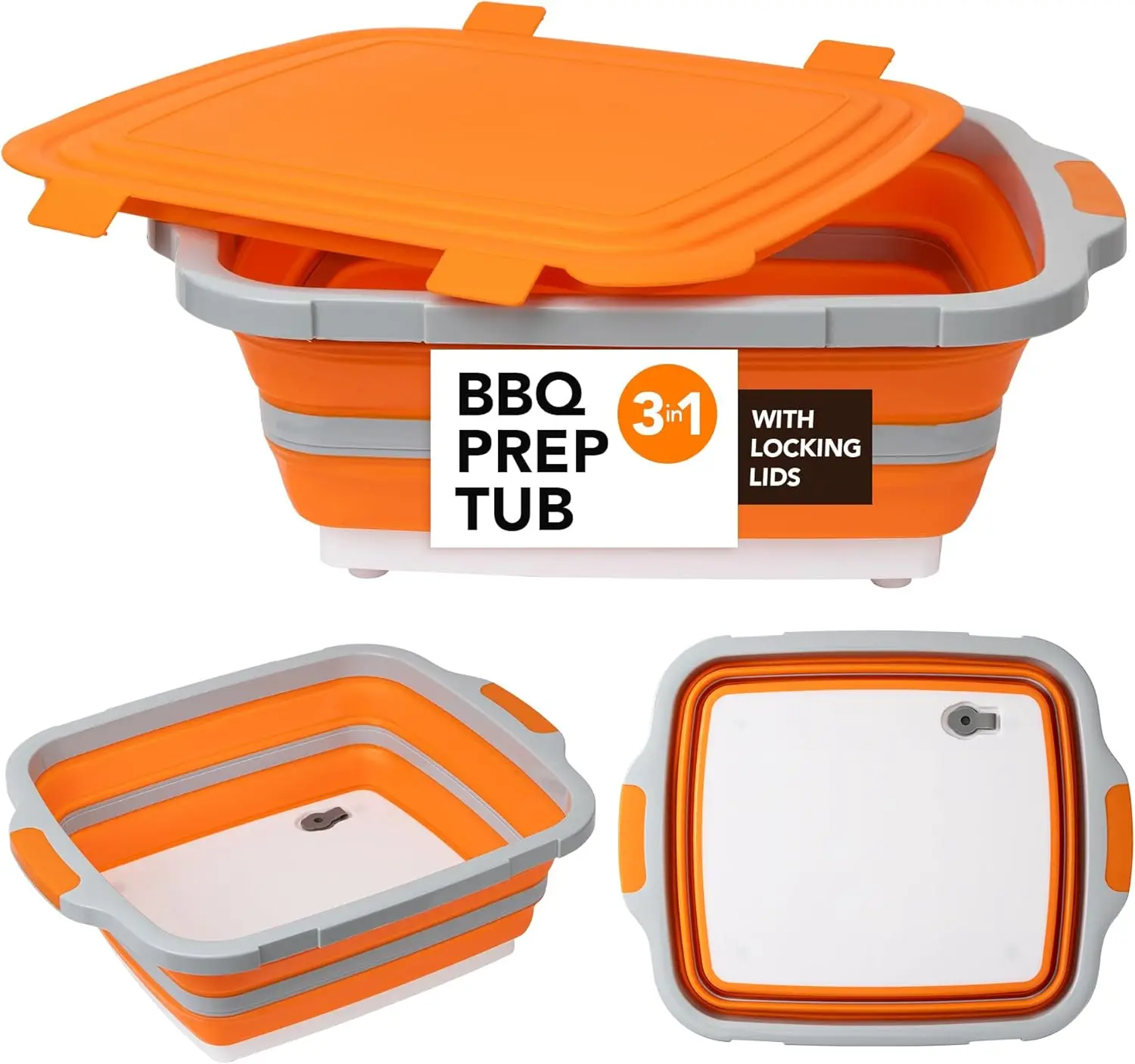 

Large Collapsible BBQ Prep Tub with Locking Lid, 4.22 Gal/16L, Camping Sink with Colander, Cutting Board