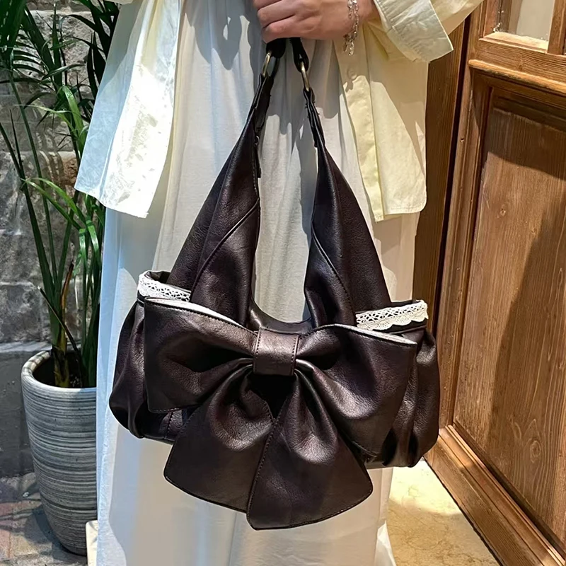 

Boho Chic Shoulder Bag For Women, Oversized Bow & Lace Trim Tote, Soft Vintage Large Capacity Crossbody Bag For Student