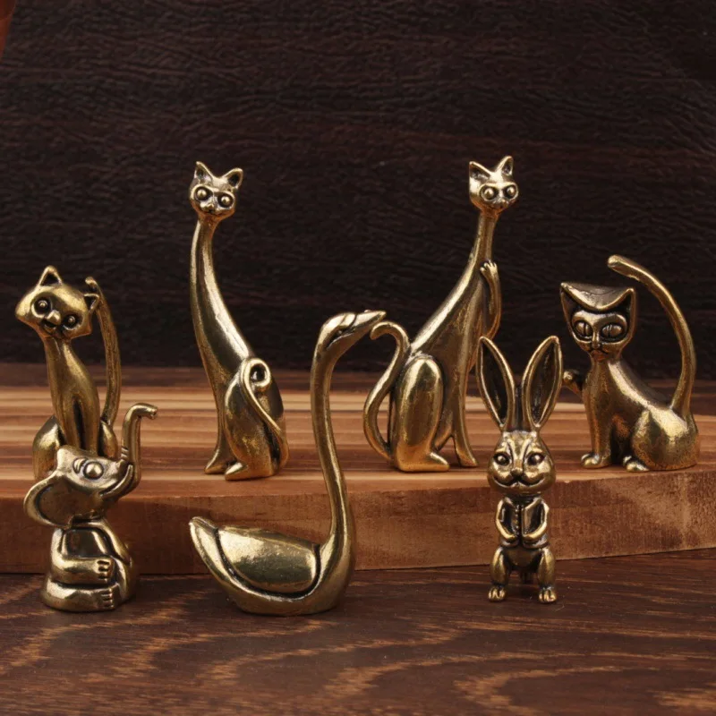 ​ ​ Mini figuritas de animales de latón, divertido gato, conejo, elefante, cisne, decoración de escritorio, estatuas de animales de latón macizo, soporte de anillo, adorno bonito