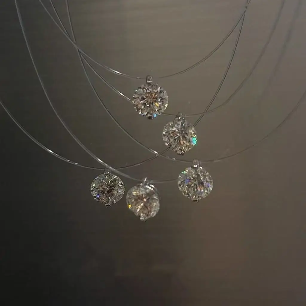Trendy Shiny Crystal Rhinestones Pendant Necklace for Women Transparent Fishline Chokers Simple Neck Jewelry Wedding Party Gift