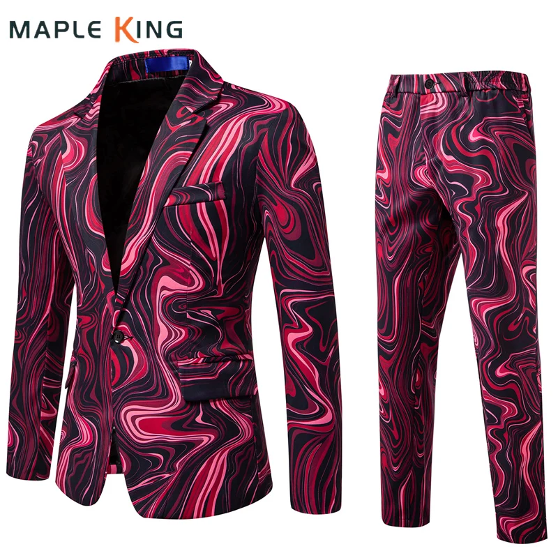 

Prom Suits for Man Blazer Pants Sets Elegant Stylish Gradient Color Wave Striped Printed Fiesta Dress Suit Jackets Long Trousers