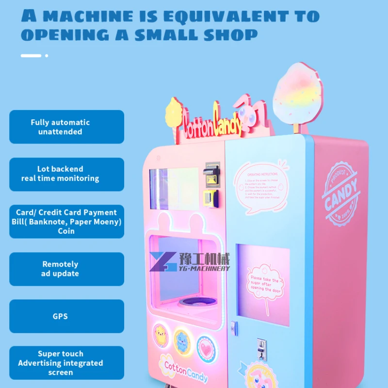 Blue Automated Cotton Floss Sugar Candy Making Vending Machine Touch Screen Soft Coton Candy Machine for Kids