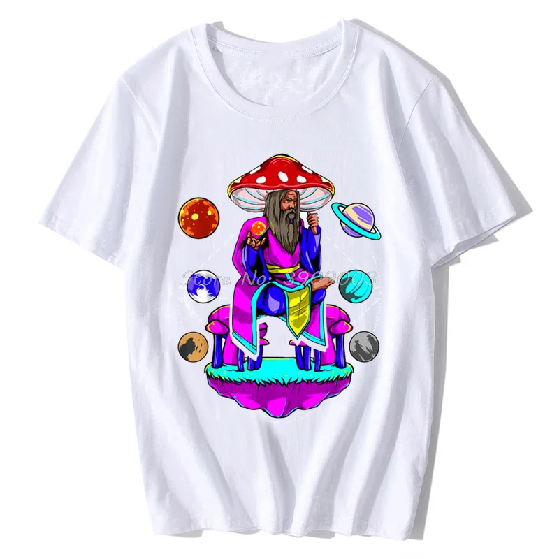 Funny Magic Mushroom Wizard Planet Shroom LSD Acid Trip T-Shirt Cotton T Shirt Streetwear Men's Clothing Oversized Unisex Tops