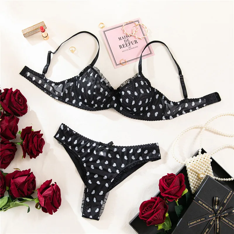 

Сексуальное женское белье с оборками и принтом в горошек, бюстгальтер и трусики в форме сердца, кружевной бесшовный прозрачный экзотический комплект, черное нижнее белье, интимное белье