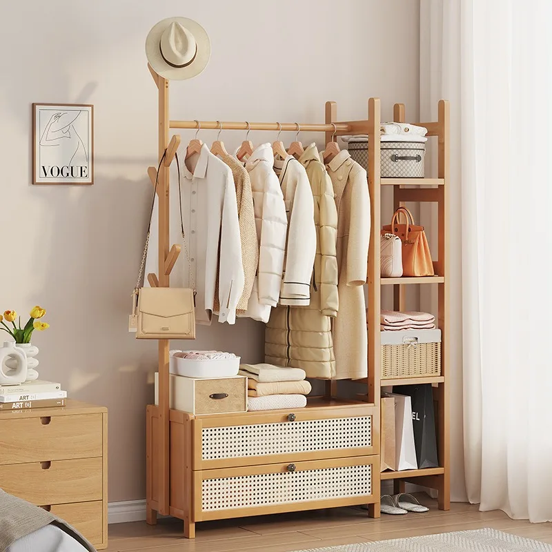 竹製コートラック-家庭用家具-シンプルモダンデザイン-寝室用洋服掛け-収納ラック付き
