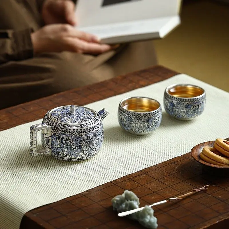 Tetera Retro de Plata Pura Hecha a Mano, Juego de Té para el Hogar, Una Tetera y Dos Tazas