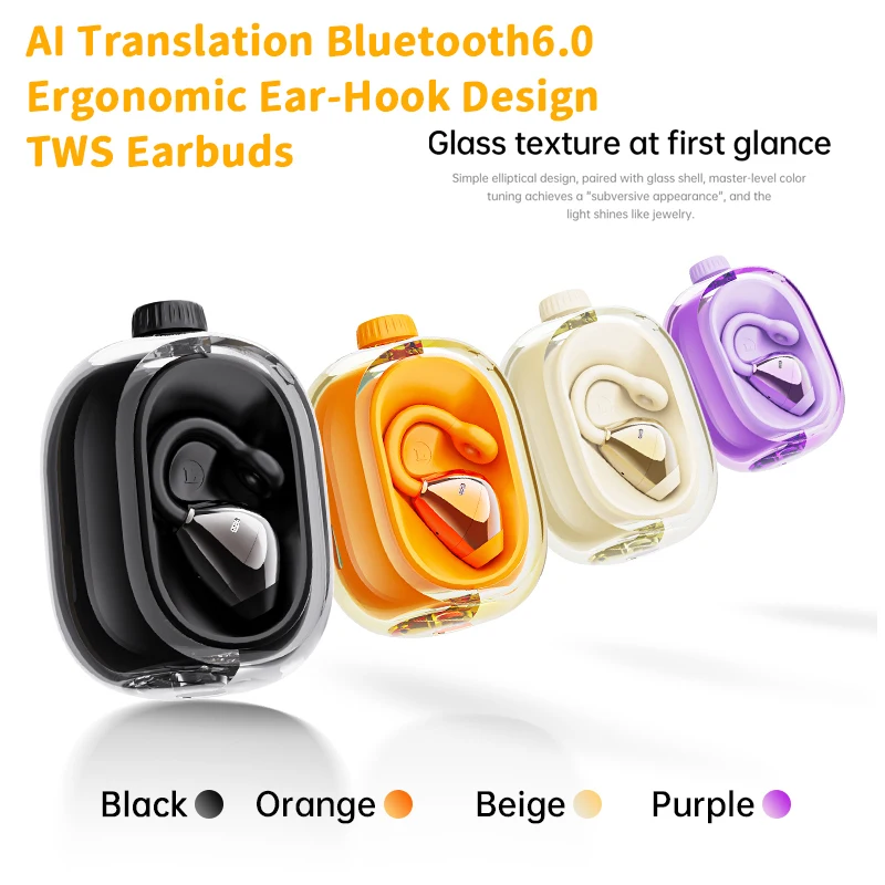 

AI Translation Bluetooth6.0 Earphones Ergonomic Ear-Hook Design TWS Earbuds Low Latency 360° Rotation Decompression Charge Case