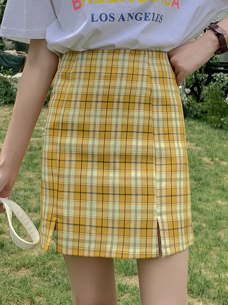 

Side Split Design Sexy Short Skirts for Women Plaid Printing Mini Pencil Skirts Summer Autumn Female