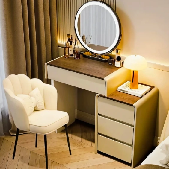 Meja Rias Modern - Meja Rias Krim Hemat Ruang dengan Cermin LED & Laci Terintegrasi (Meja Rias Apartemen Kecil