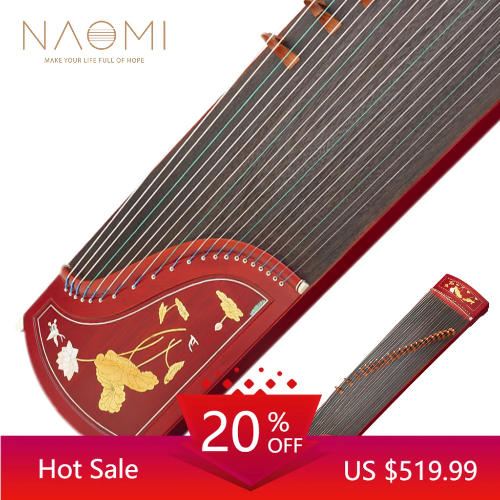 

NAOMI 21-String Chinese Zither Rosy Sandalwood Gu Zheng Lotus Carved w/Guzheng Nails Strings Bridge Stands Hammer Bag