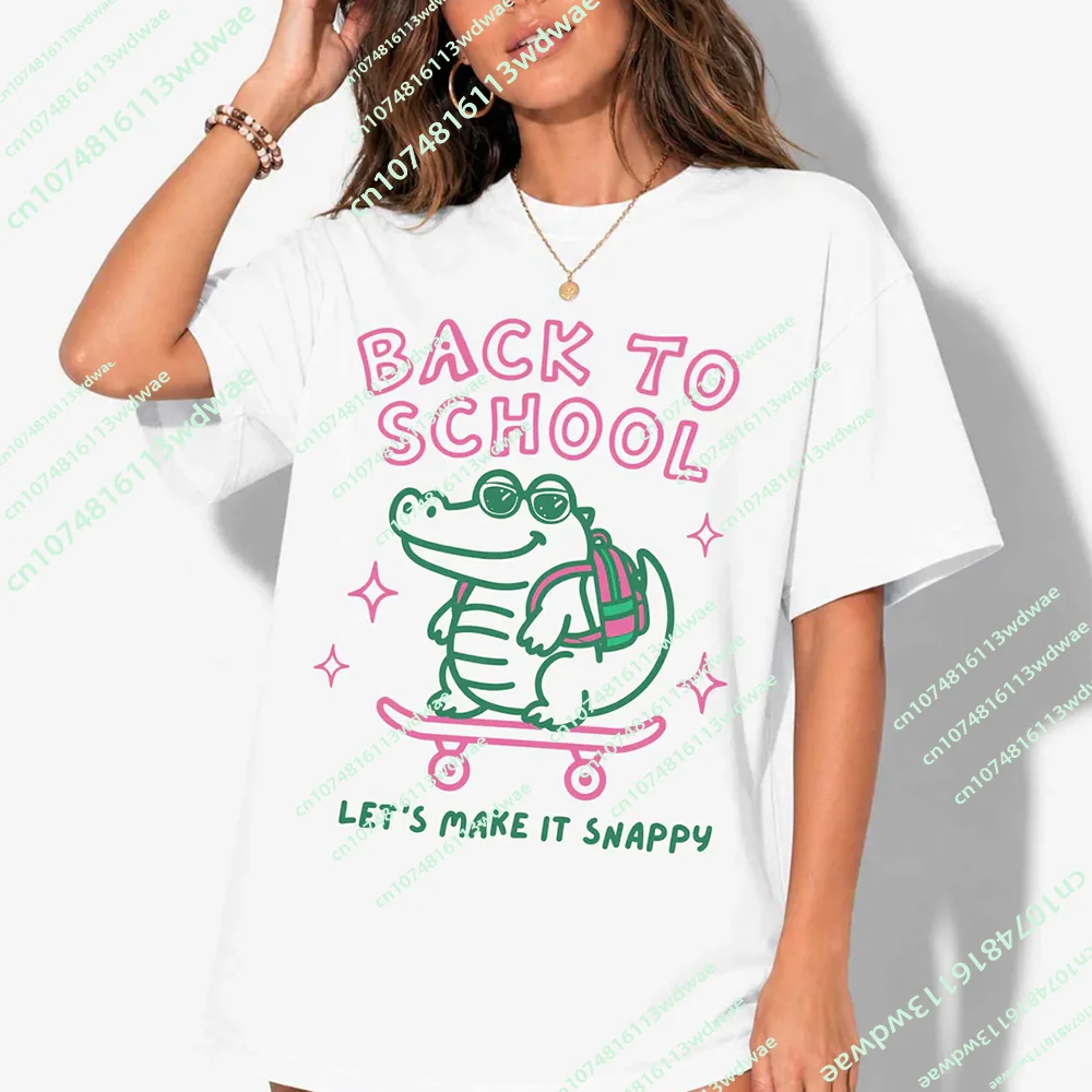 Back To School T-Shirt Cute Alligator Teacher Tees Women's Letter Print Tee First Day of School Gift Student School Graphic Tee
