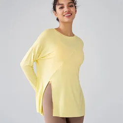 Side Slit Round Neck Loose Yoga Wear Long Sleeve T-shirt Women Gym Fitness Comfortable Quick Dry Skin-friendly Soft Top