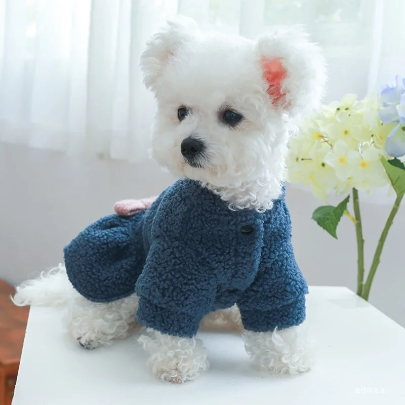 1PC Pet Apparel Cat Dog Autumn and Winter Plush Thickened Warm Blue Bow Princess Dress Suitable for Small and Medium sized Dogs