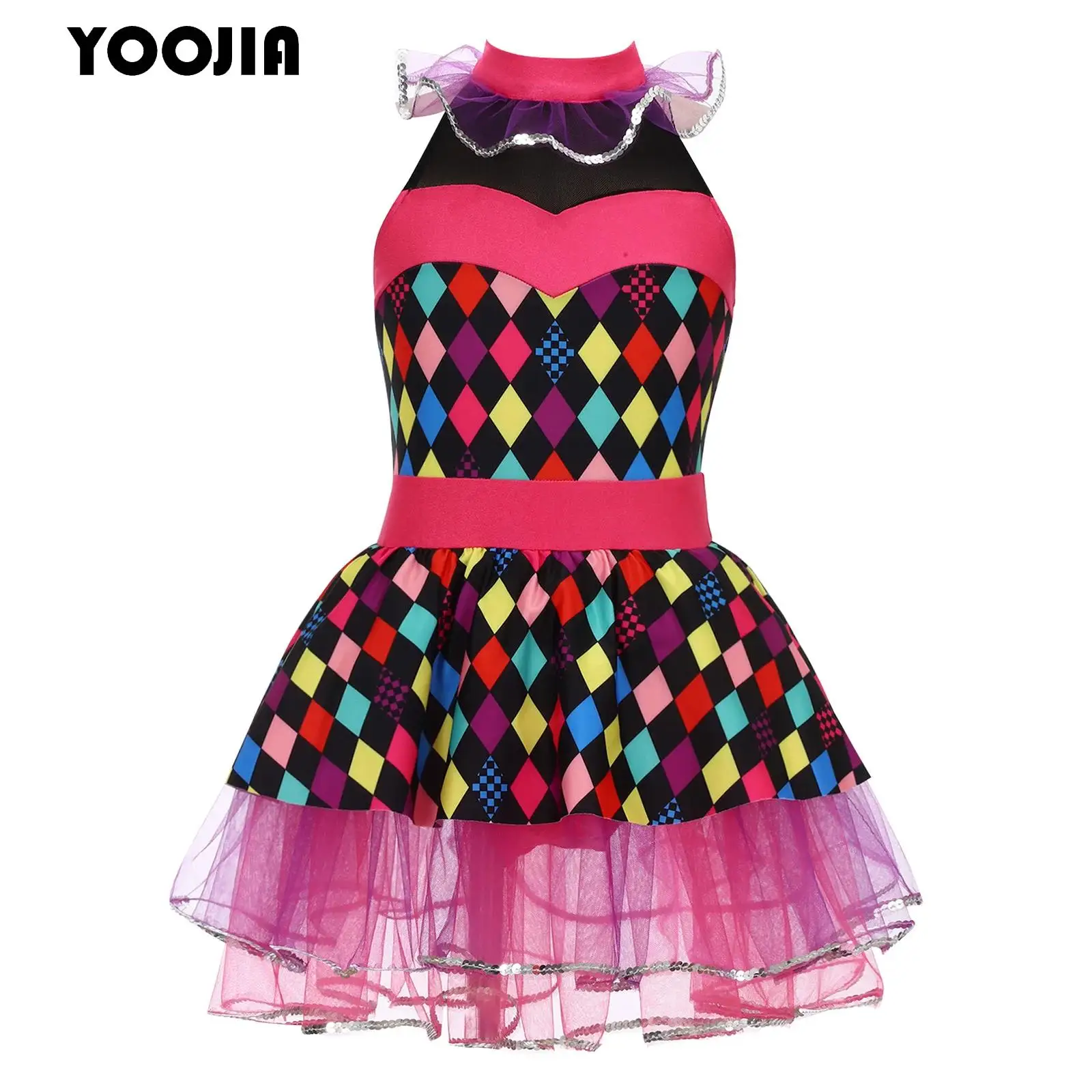 

Kids Girls Circus Clown Cosplay Costume Grid Halter Sleeveless Mesh Skirt Tutu Dance Leotard Dress for Halloween Themed Party