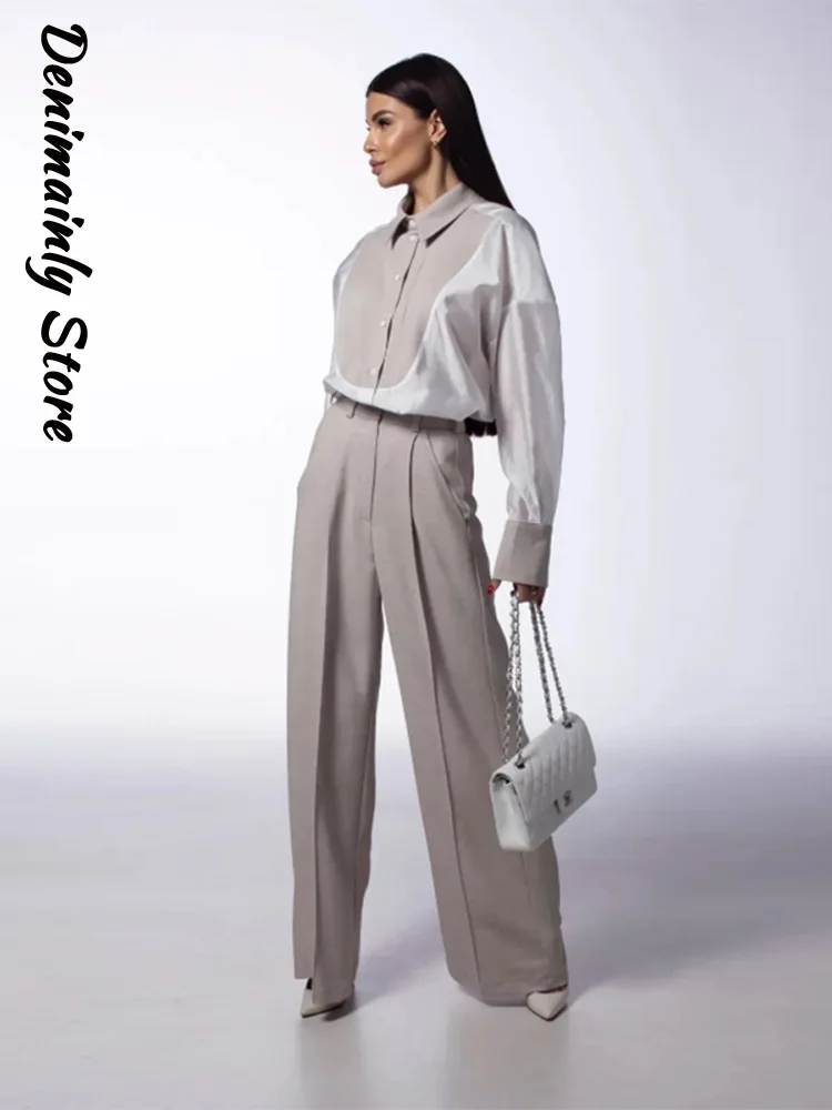 

Fashion Contrast Women's Shirt Pants Set Lapel Single Breasted Full Lantern Sleeve Top Straight Trousers 2025 Lady 2 Pieces Suit