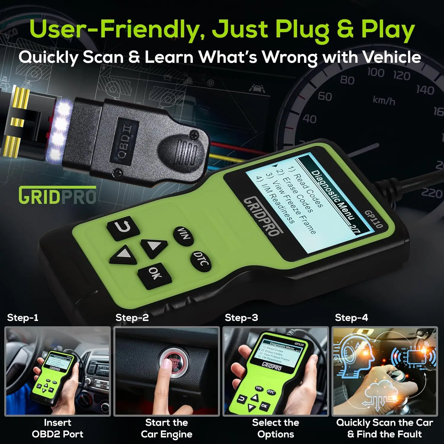 GP110 OBD2 Scanner Code Reader for All Cars, Clear Engine Light, CAN Bus Diagnostic Tool with Large Display