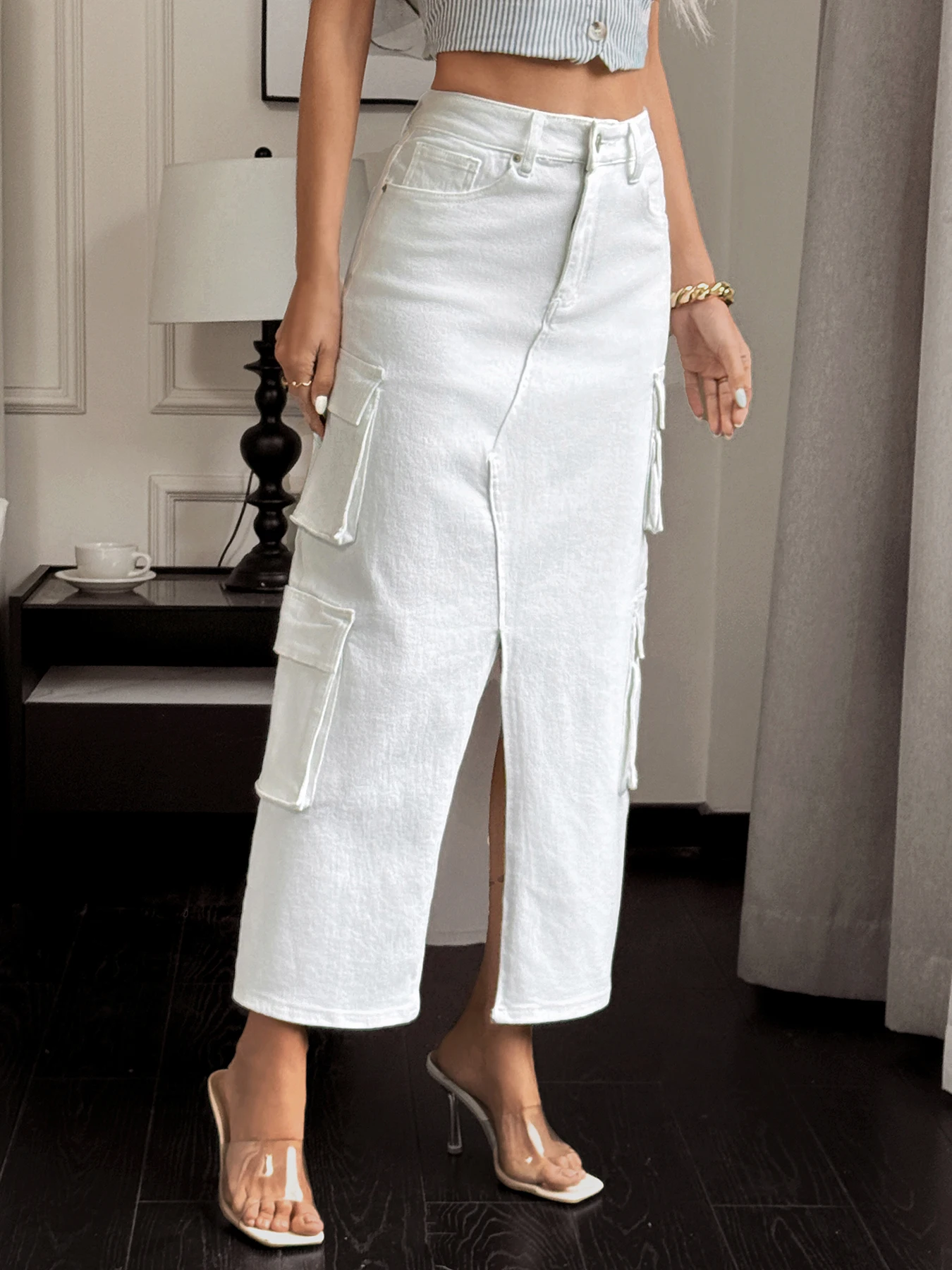 Fashion Women's Cargo Denim Skirt High Waist Split Design Jeans Pants Casual Daily Ladies Clothing