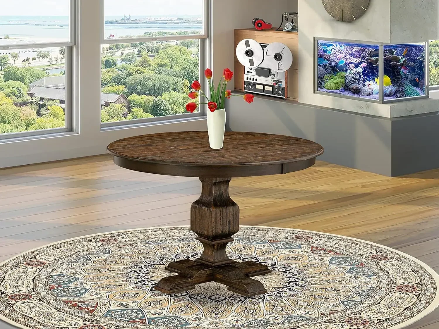 FE3-07-TP Ferris Kitchen Dining Table - a Round Wooden Table Top with Pedestal Base, 48x48 Inch, Distressed Jacobean