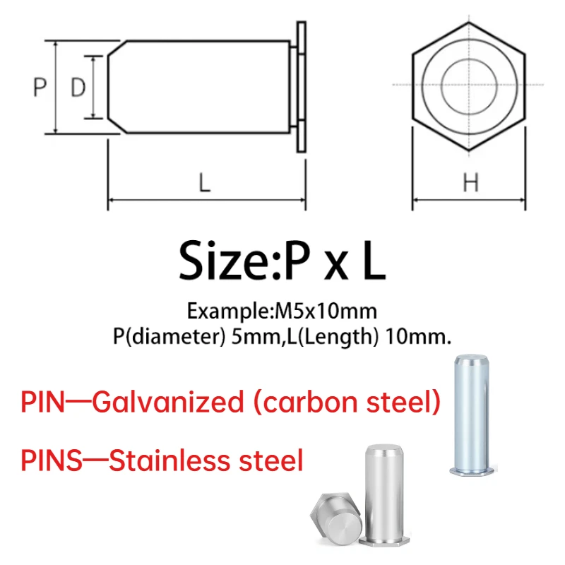 PIN/PINS Stainless Steel/Galvanized Hexagon Head Pressure Rivet Studs Solid Guide Positioning Pins Blind Hole Rivet Nut Column
