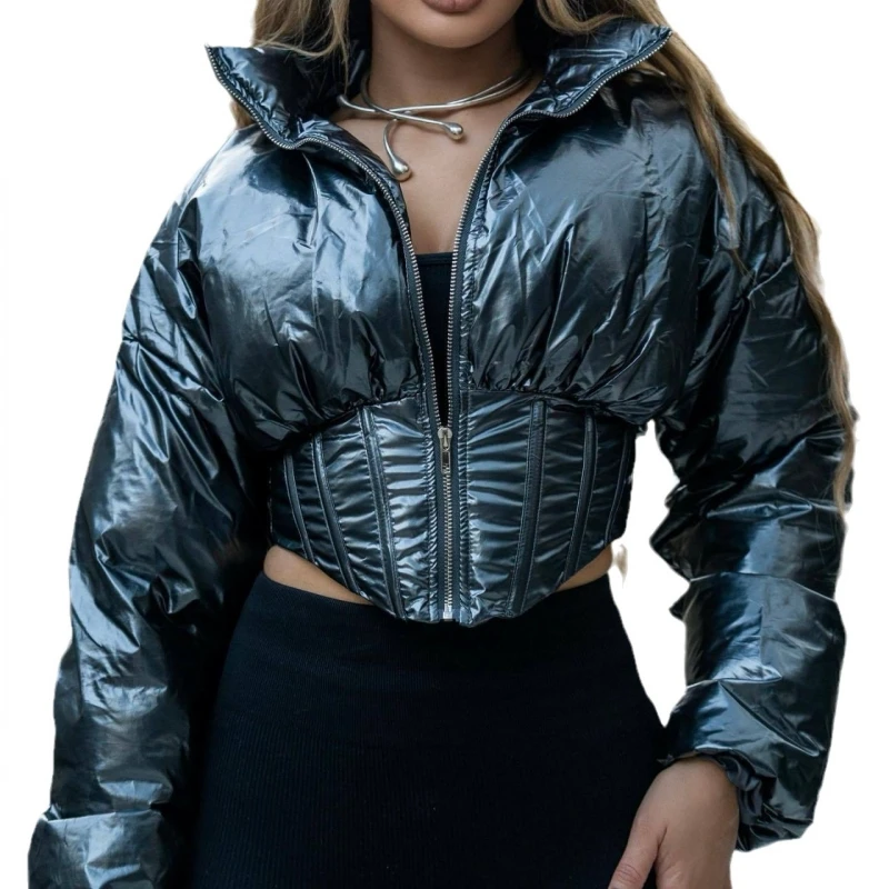 

Shiny Solid Puffer Coats Women 2023 Winter New Attractive Full Sleeve Ruched Stand Collar Zip-up Jackets Female Street Outwear