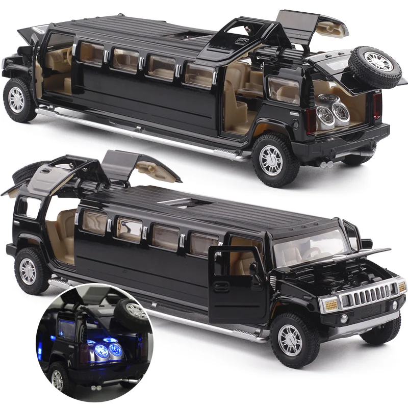 1:32 Diecast Hummer Lengthen Limousine Metal Alloy Car Model Pull Back Flashing Musical High Simulation Kids Toy Vehicles Gift